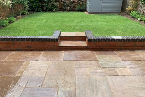 indian sandstone patio and new lawn laid in st albans