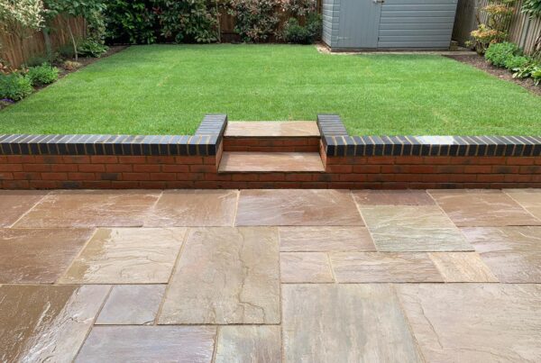 indian sandstone patio and new lawn laid in st albans